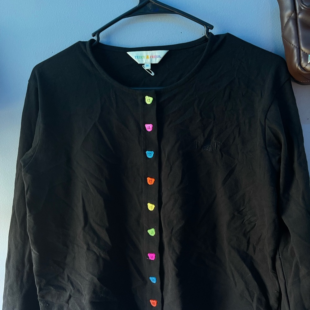 Black Cardigan with Colorful Teddy Bear Buttons